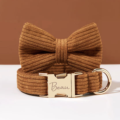 Collier chien personnalisé velours côtelé marron café