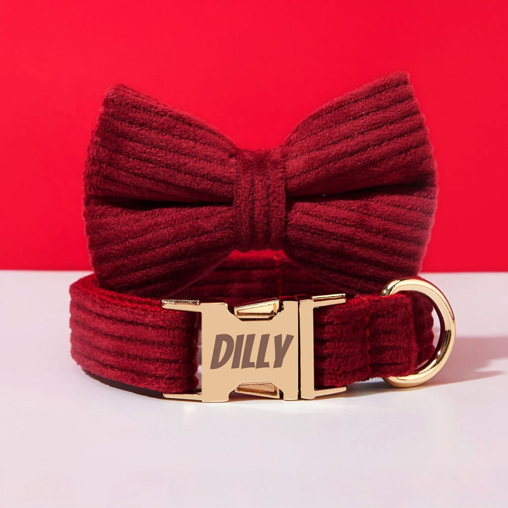 Collier chien personnalisé velours côtelé bordeaux