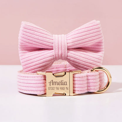 Collier chien personnalisé velours côtelé rose