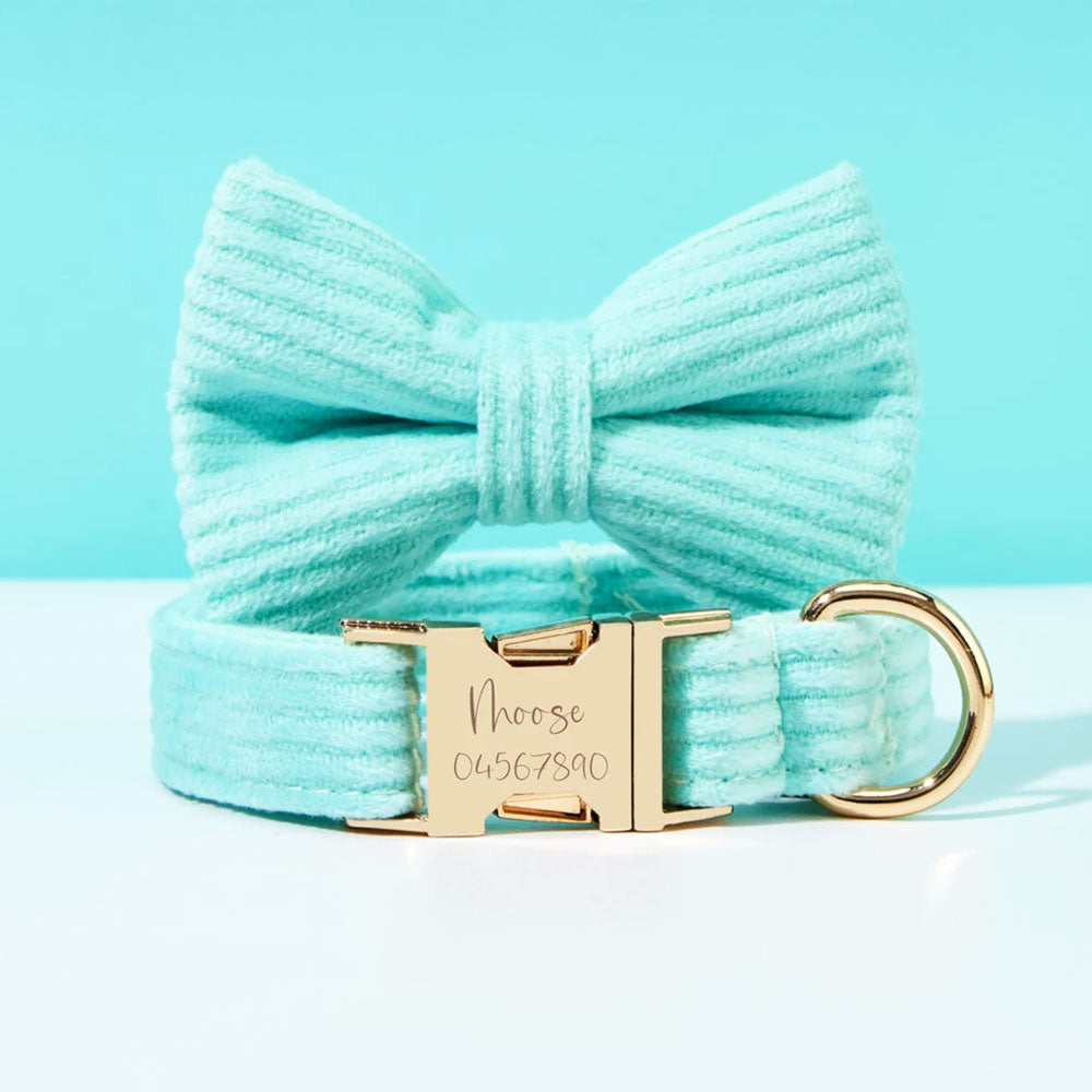 Collier chien personnalisé velours côtelé aqua