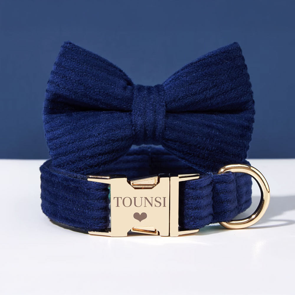 Collier chien personnalisé velours côtelé bleu marine